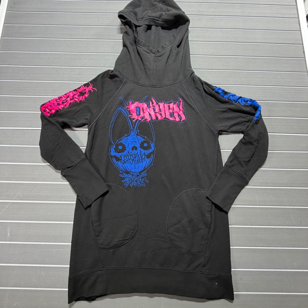 Yogalicious Womens Black Graphic Longline Hoodie Thumbholes Size M